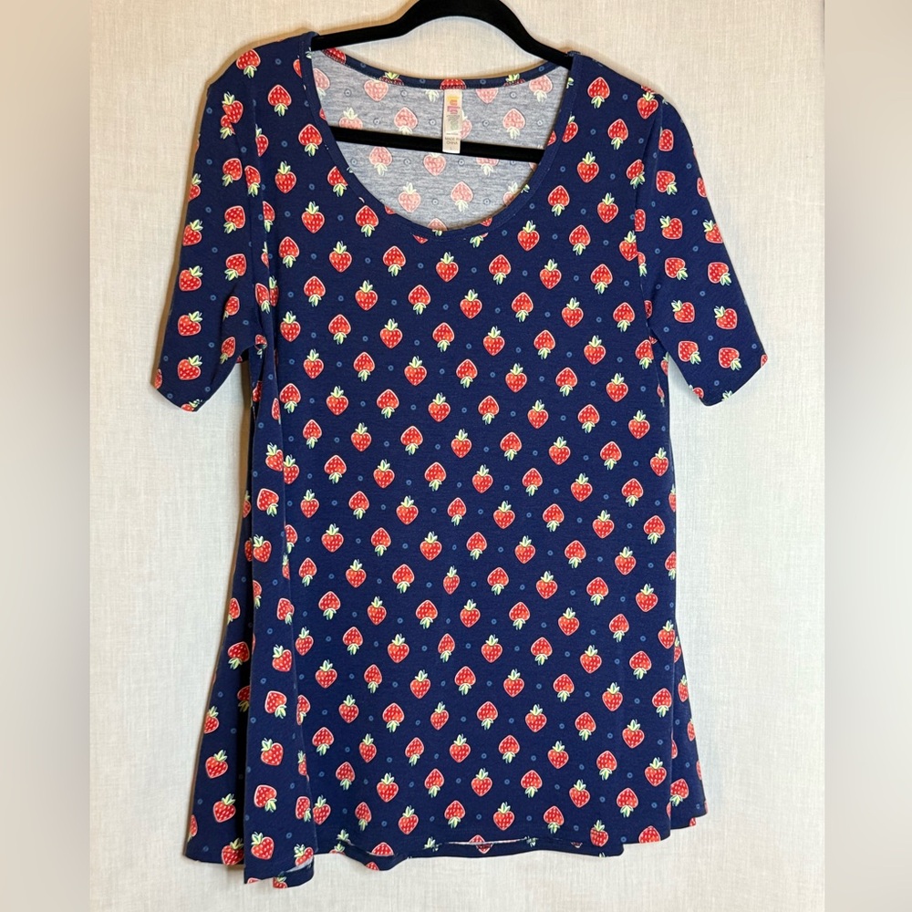 LuLaRoe Navy Blue Top with Strawberry Design